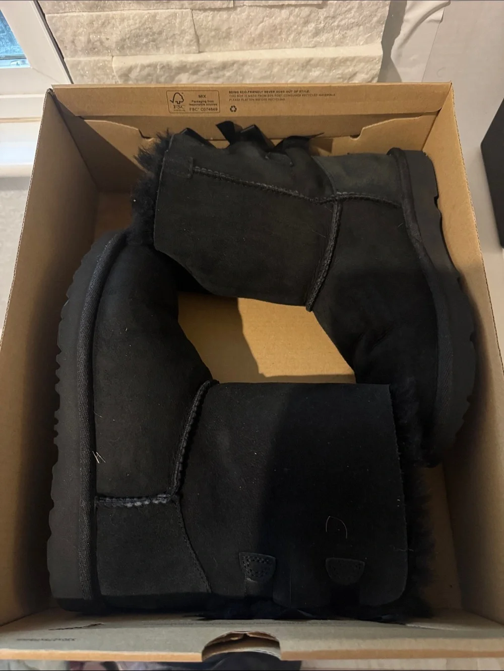 UGG Black Suede Kids Bow-Back Shearling Boots
